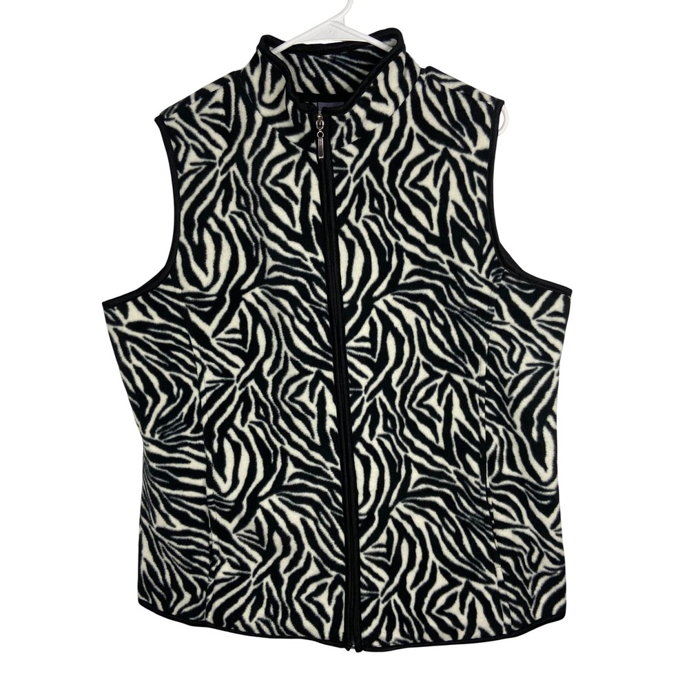 Laura Scott Woman Zebra Print Fleece Vest Black White Full Zip Mock‎ Neck 1X
